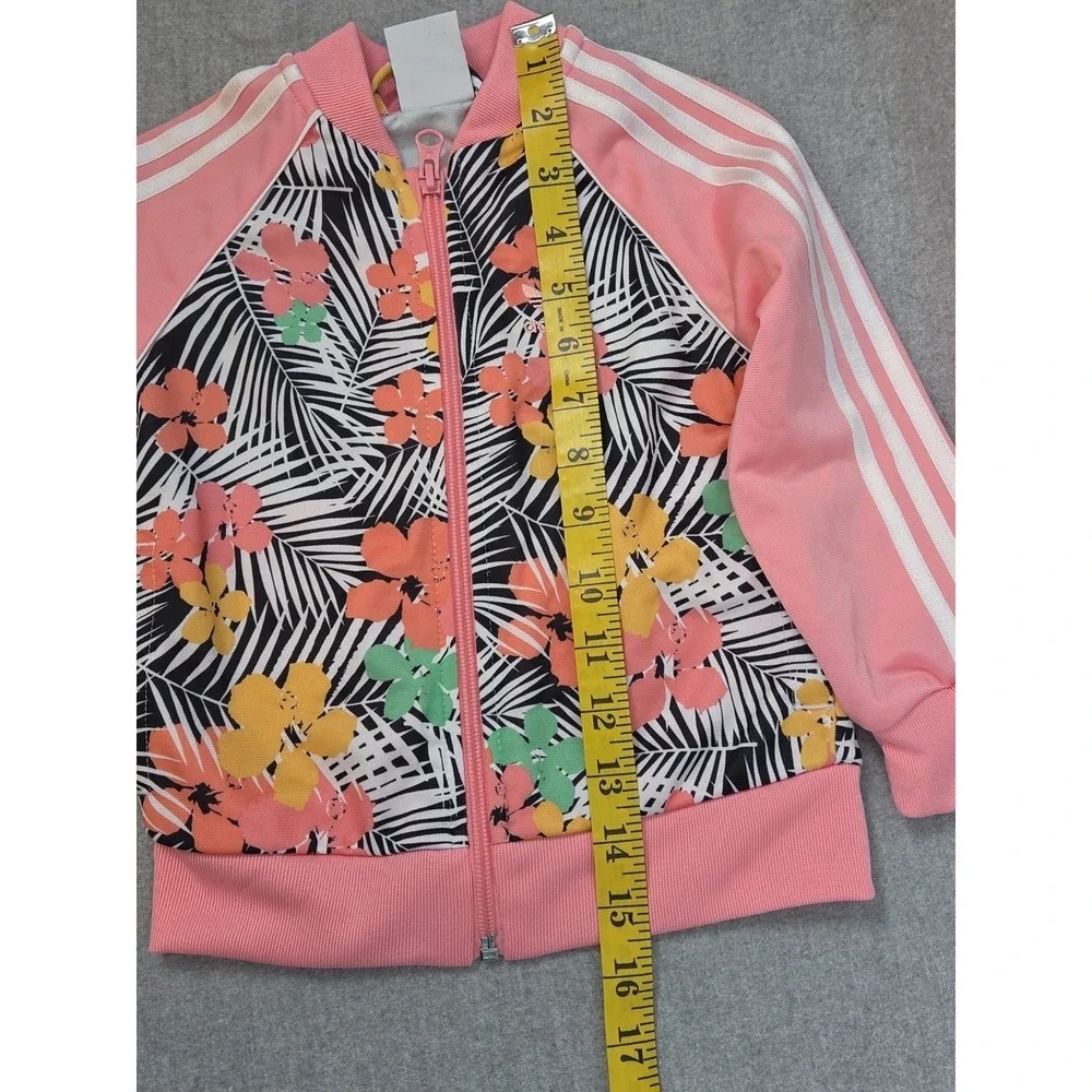 Adidas‎ Track Jacket Girls 2T Pink Tropical Floral Full Zip 3 Stripe Logo Sport
